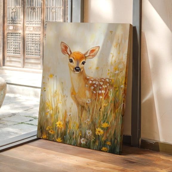 Velto Baby Deer Canvas Wall Art Fawn in Wildflower Meadow Rustic Woodland Nursery Room Decor, SIZE 8x10 INCLUDE Pine Wood Frame 0.75-Inch