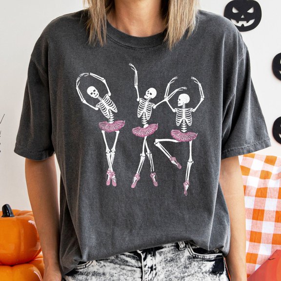 Velto Ballerina Skeleton Ghost Spooky Dance Retro Fall Graphic T-Shirt Seasonal Style, Full Size S-5XL