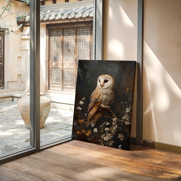 Velto Barn Owl Blossom Canvas, Woodland Owl on Branch Wall Art, Vintage Cottagecore Nature Decor, SIZE 8x10 INCLUDE Pine Wood Frame 1.25-Inch