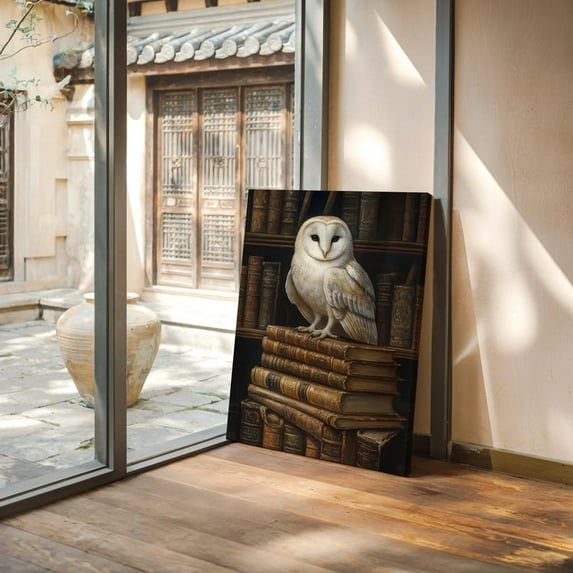 Velto Barn Owl Canvas Wall Art Vintage Books Rustic Library Decor for Reading Nook Accent, SIZE 8x12 INCLUDE Pine Wood Frame 0.75-Inch