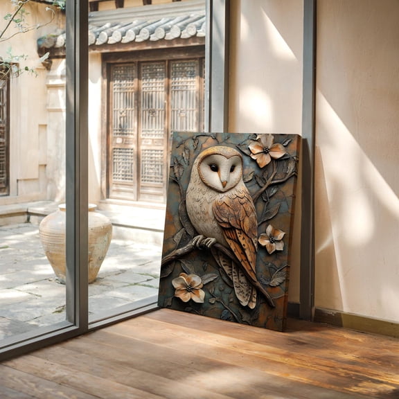 Velto Barn Owl Wall Art With Effect, Rustic Owl Canvas, Woodland Animal Decor, Neutral Bird Art For Farmhouse Or Cottagecore Canvas, 8x10 0.75-Inch Pine Wood Frame