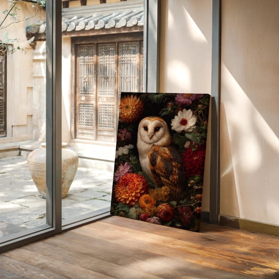 Velto Barn Owl With Flowers | Gothic Nature Wall Art In Vintage Botanical Style Canvas, 8x10 0.75-Inch Pine Wood Frame