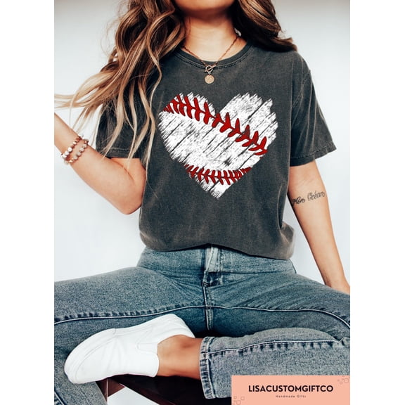Velto Baseball Heart T-shirt, Retro Sports Mom Graphic Apparel, Game Day Outfit, Fun Gift Clothing for Baseball Lovers, Full Size S-5XL
