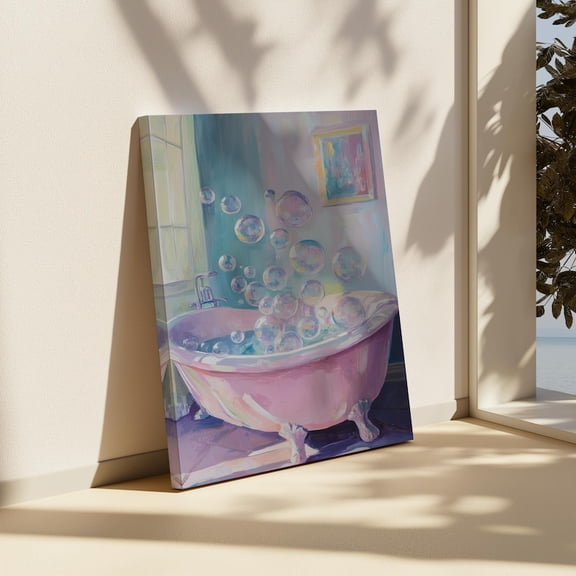 Velto Bathtub Canvas, Whimsical Bubble Bath Wall Art, Relaxing Pastel Spa Bathroom Decor, SIZE 8x10 INCLUDE Pine Wood Frame 1.25-Inch