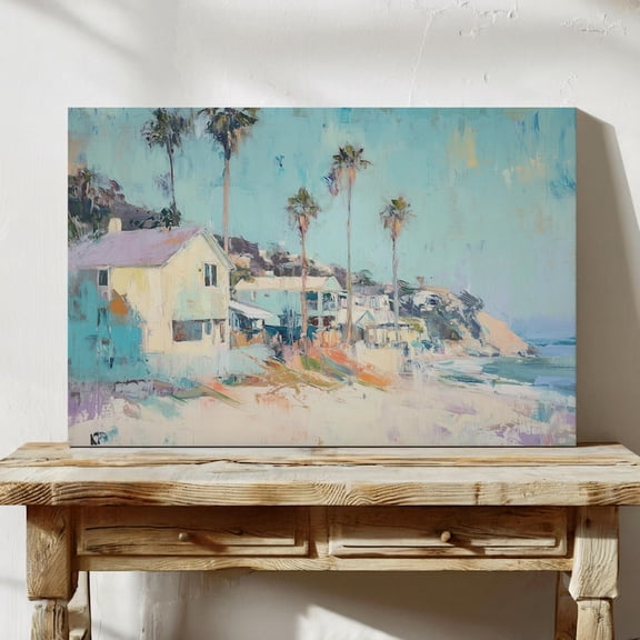 Velto Beach Scene Canvas, Pastel Coastal Wall Art, Seaside Town Tropical Getaway Decor, SIZE 16x24 INCLUDE Pine Wood Frame 1.25-Inch