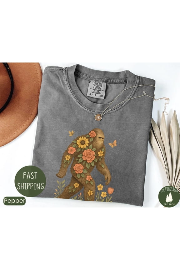 Bigfoot Adventure T-shirt, Floral Sasquatch Graphic Apparel, Cute Outdoor Nature Lover Outfit, Aesthetic Gift Clothing for Women Fullsize S-5XL Shirt