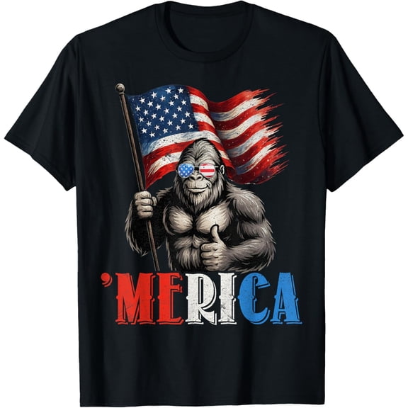 Velto Bigfoot Merica American Flag Patriotic 4th Of July T-Shirt All Size S-5XL