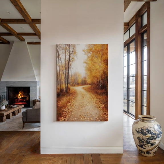 Velto Birch Forest Canvas Wall Art Autumn Pathway Landscape Seasonal Rustic Woodland Style Decor, SIZE 8x12 INCLUDE Pine Wood Frame 0.75-Inch