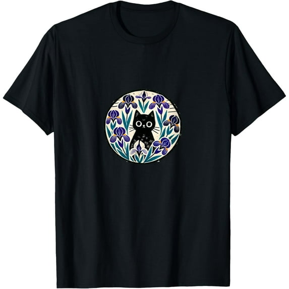 Velto Black Cat Art Iris Flower Illustration T-Shirt All Size S-5XL