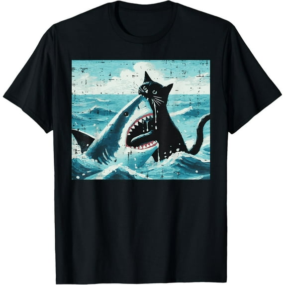 Velto Black Cat Biting Shark Kitten Kitty Art Men Women T-Shirt All Size S-5XL