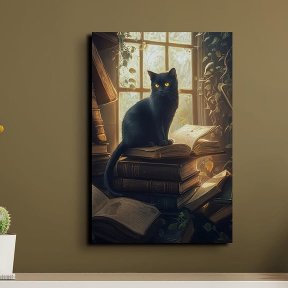 Velto Black Cat Canvas Art Gothic Dark Academia Illustration Vintage Seasonal Spooky Cottagecore Inspired Wall Decor, SIZE 8x10 INCLUDE Pine Wood Frame 1.25-Inch