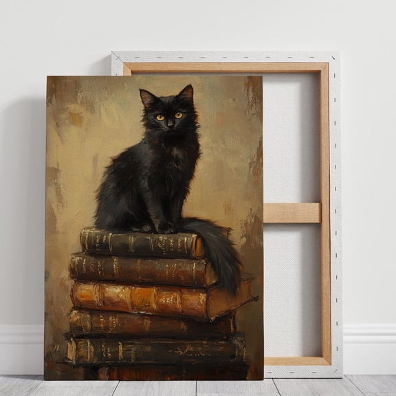 Velto Black Cat On Antique Books - Vintage-Inspired Canvas Art For Booklovers, Cat Lovers, And Gothic Home Decor Canvas, 12x16 UNFRAMED
