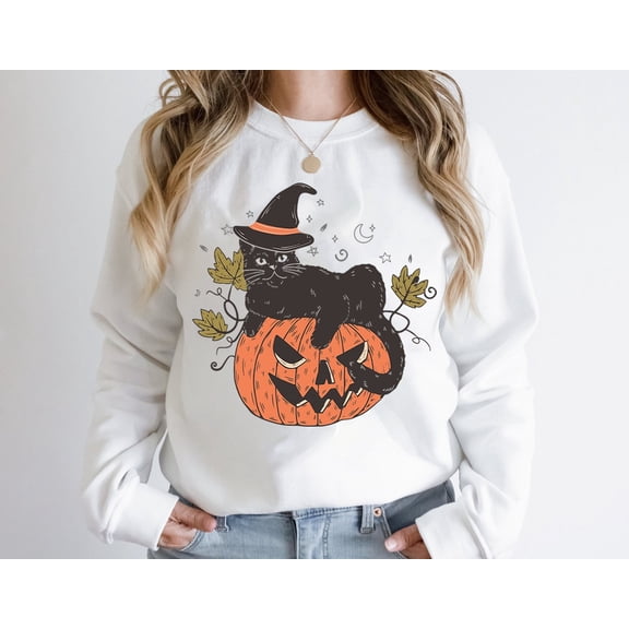Velto Black Cat on Pumpkin Shirt, Sweater For Fall, Black Cat Sweater, Happy Holiday Black Cat Design, Happy Holiday Gifts For Cat Owner, Happy Holiday Shirt All Size S-5XL