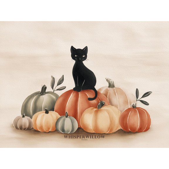 Velto Black Cat Pumpkins Illustration, Fall Costume Party Art, Autumn Country Farmhouse Decor, Cute Seasonal Animal Scene Canvas, 12x18 UNFRAMED
