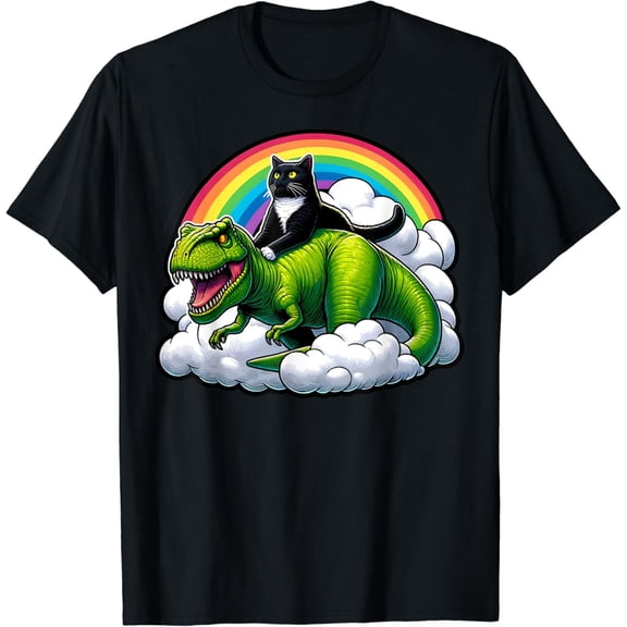 Velto Black Cat Riding Dinosaur T Rex Rainbow Clouds T-Shirt All Size S-5XL
