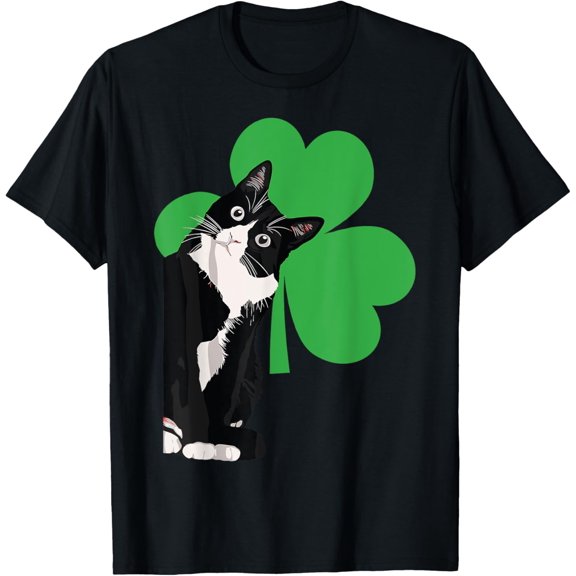 Velto Black Cat ST Patrick's Day Shamrock Tuxedo Cat T-Shirt All Size S-5XL