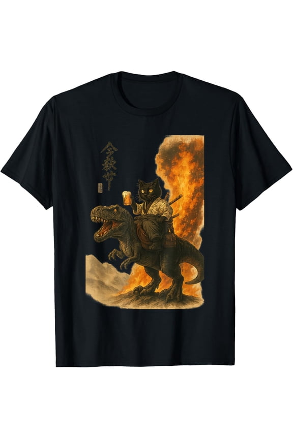 Black Cat Samurai Dinosaur Sea Wave Print T-Shirt All Size S-5XL