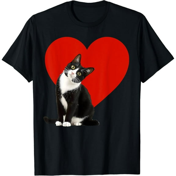 Velto Black Cat Valentine's Day Heart Tuxedo Cat Lover T-Shirt All Size S-5XL