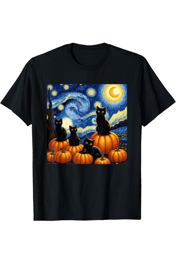 Black Cats Spooky Cat Lovers Starry Night Cat T-Shirt All Size S-5XL