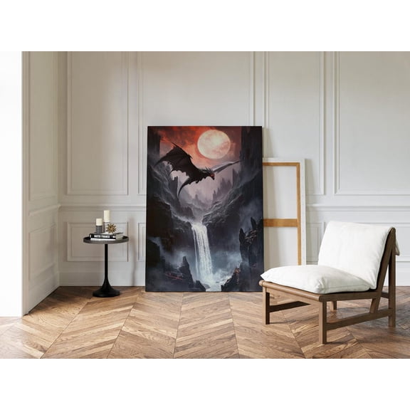 Velto Black Dragon Fantasy Canvas Art Fierce Creature Over Waterfall Gothic Moonlight Landscape, SIZE 8x12 INCLUDE Pine Wood Frame 1.25-Inch