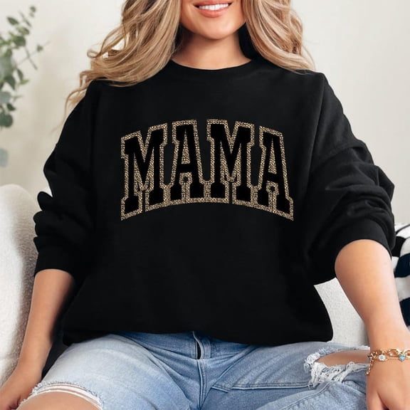 Velto Black Leopard Retro Varsity Mama Sweatshirt for Mom Gift, Full size S-5XL