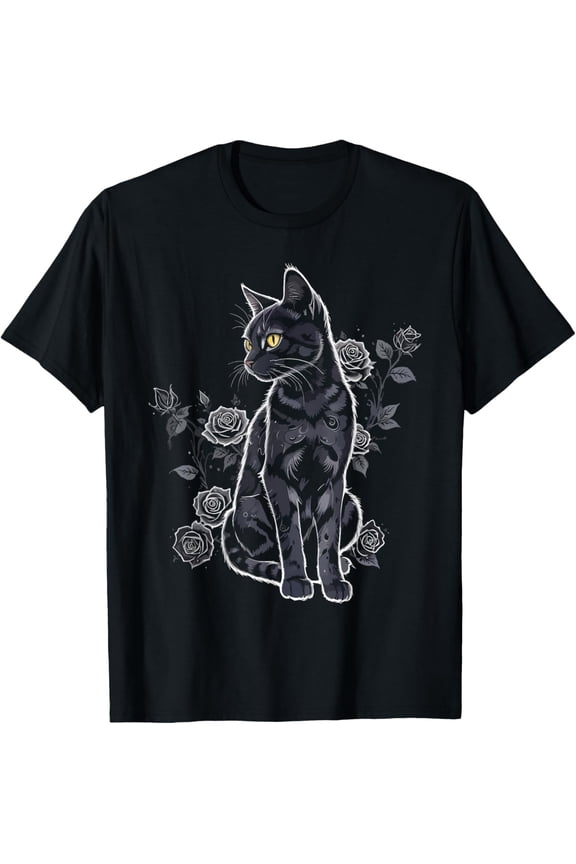 Black Roses Alt Aesthetic Nu Goth Teen Goth Cat T-Shirt All Size S-5XL
