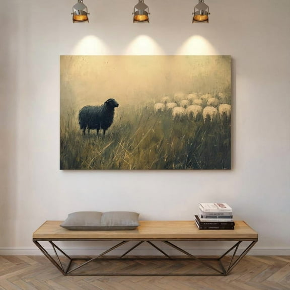 Velto Black Sheep In Field Canvas Wall Art Rustic Farmhouse Nature Décor Canvas, SIZE 16x24 INCLUDE Pine Wood Frame 1.25-Inch