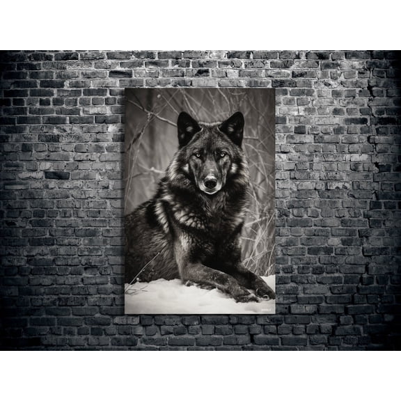 Velto Black Wolf Canvas Art Charcoal Style Wolf Sitting in Snow Forest Rustic Wildlife Inspired Wall Decor, SIZE 16x24 INCLUDE Pine Wood Frame 1.25-Inch