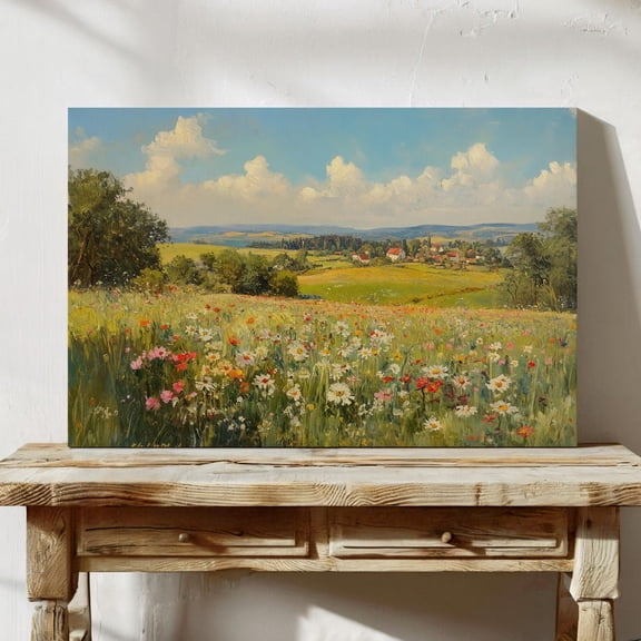 Velto Blossom Valley Canvas, Colorful Wildflower Landscape Wall Art, Vintage Farmhouse Village Decor, SIZE 8x10 INCLUDE Pine Wood Frame 1.25-Inch