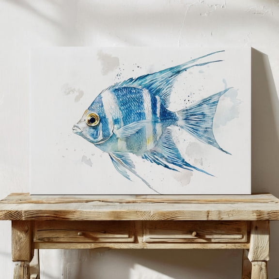Velto Blue Angel Fish Canvas Wall Art Coastal Nautical Ocean Décor Canvas, SIZE 12x18 INCLUDE Pine Wood Frame 1.25-Inch