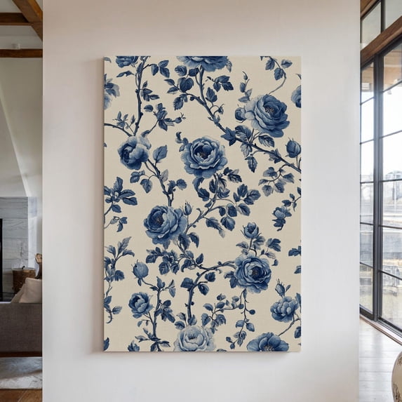 Velto Blue Floral Canvas Art - Vintage Botanical Roses, Elegant Home Decor with Classic Blue and White Flower Art, Cottagecore Style, SIZE 8x10 INCLUDE Pine Wood Frame 1.25-Inch