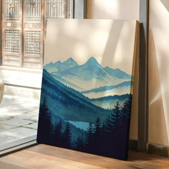 Velto Blue Mountain Forest Canvas Wall Art – Peaceful Nature Landscape With Pines, Misty Valley & Snowy Peaks For Cabin Or Modern Decor Canvas, 12x18 UNFRAMED