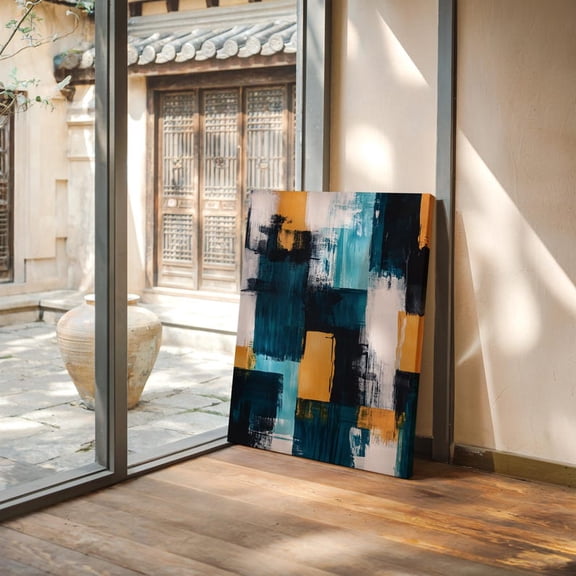 Velto Blue Mustard Abstract Canvas, Geometric Brushstroke Wall Art, Modern Gallery Decor, SIZE 12x16 INCLUDE Pine Wood Frame 1.25-Inch