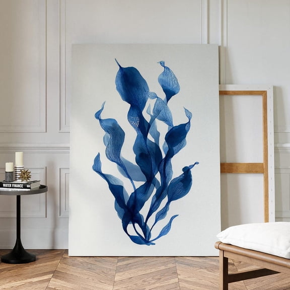 Velto Blue Seaweed Canvas Art Abstract Ocean Botanical Modern Minimal Coastal Wall Decor for Beach House Bathroom or Bedroom, SIZE 8x10 INCLUDE Pine Wood Frame 1.25-Inch