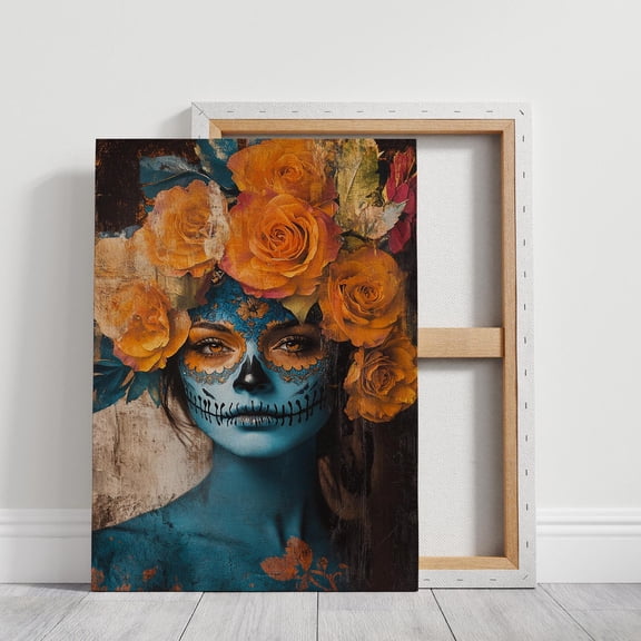 Velto Blue Skull Canvas Art with Orange Roses Vibrant Heritage Inspired Bold Calavera Wall Decor for Living Room or Office, SIZE 12x18 INCLUDE Pine Wood Frame 1.25-Inch