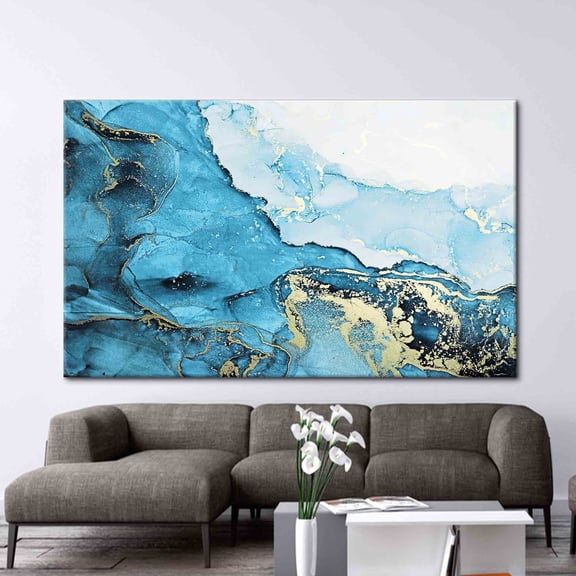 Velto Blue Tones Marble Marble Modern Wall Decor, Abstract Marble Art Canvas Luxury Marble Art, 16x24 0.75-Inch Pine Wood Frame