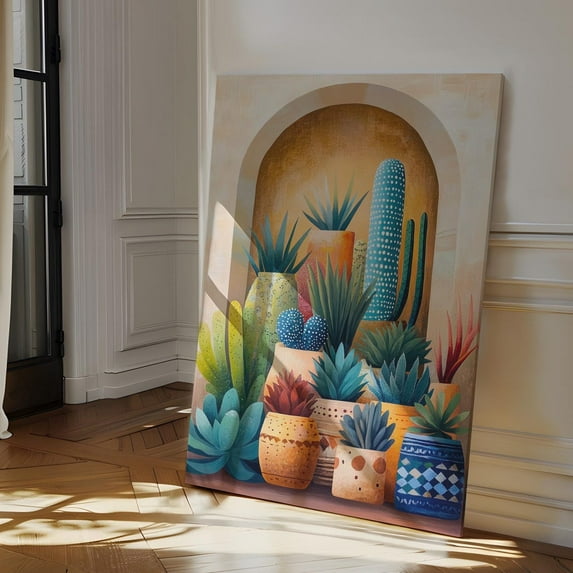 Velto Boho Cacti and s Canvas Art - Colorful Southwest Decor, Desert Archway Scene, Rustic Botanical Wall Art, SIZE 8x12 INCLUDE Pine Wood Frame 1.25-Inch