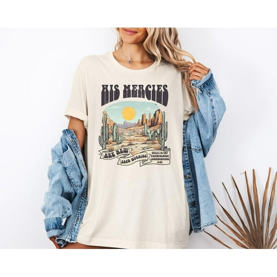 Velto Boho Christian Shirts Christian TShirts Bible Verse Shirt Trendy Christians T Shirts Jesus Apparel Faith Based Shirt His Mercies Are New All Size S-5XL