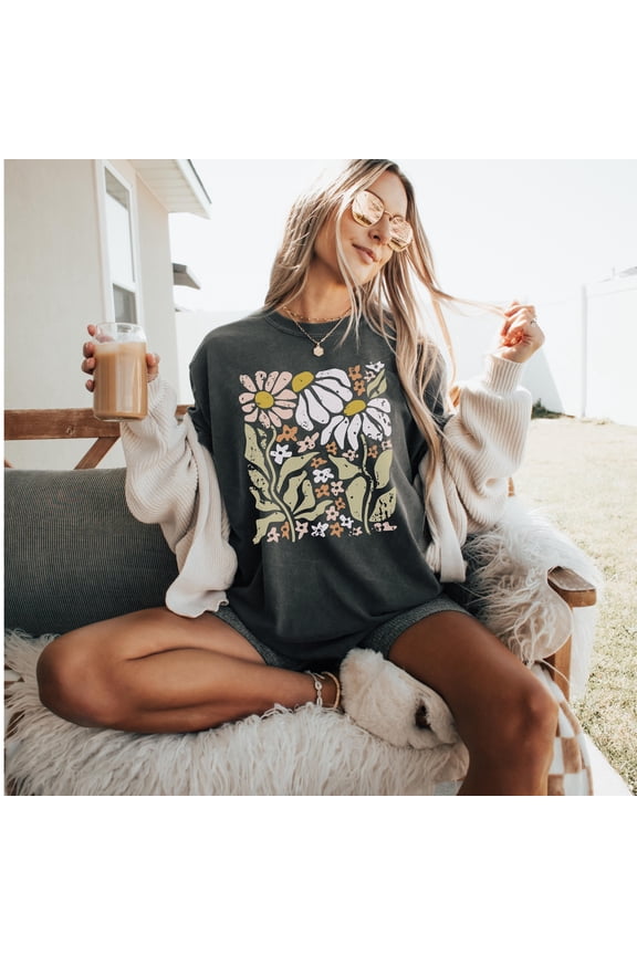 Boho Daisy Flower T-Shirt: Retro Botanical Print All Size S-5XL