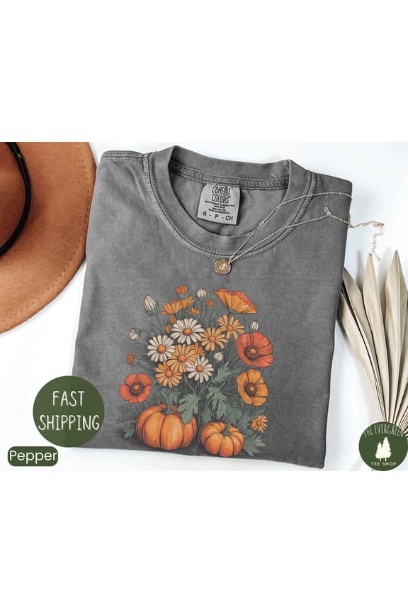 Boho Fall Floral T-shirt, Retro Autumn Graphic Apparel, Pumpkin Season Outfit, Vintage Fall Aesthetic Gift Clothing, Full Size S-5XL
