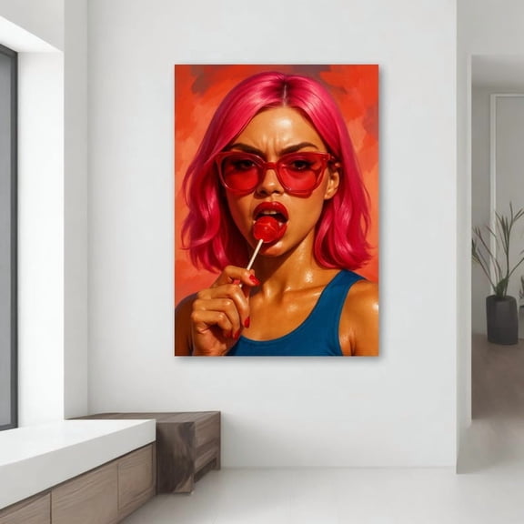 Velto Bold Pop Art Diva With Lollipop - Pink Hair Portrait Canvas, Gift For Modern Art Lovers Canvas, 8x10 UNFRAMED