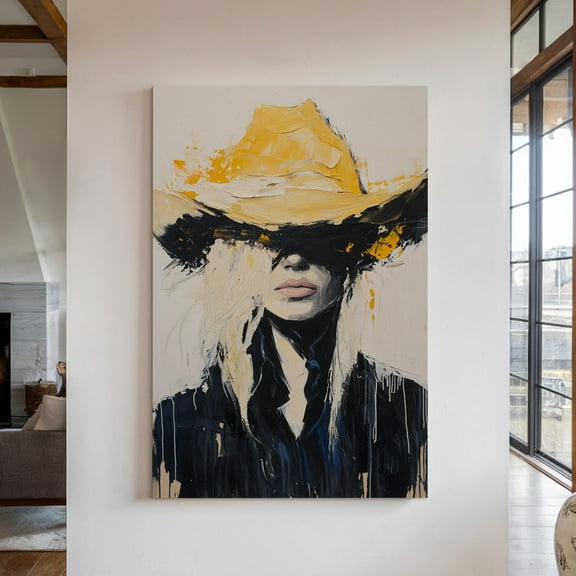 Velto Bold Western Cowgirl Canvas – Modern Abstract Cowboy Hat for Southwestern Rustic Wall Decor, SIZE 8x10 INCLUDE Pine Wood Frame 1.25-Inch