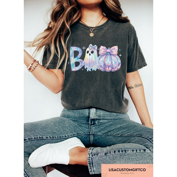 Velto Boo Ghost T-shirt, Spooky Pumpkin Season Graphic Apparel, Trendy Holiday Outfit, Fun Gift Clothing for Winter Holiday Lovers Fullsize S-5XL Shirt