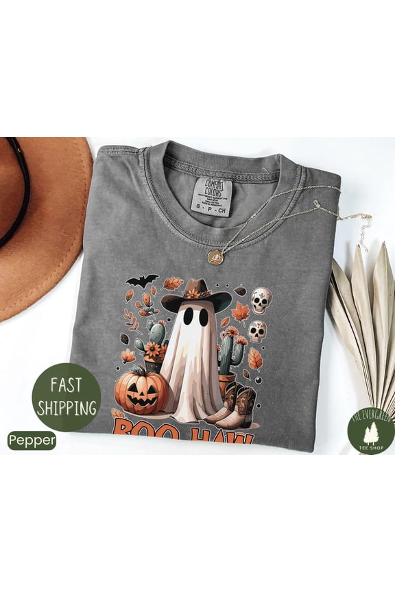Boo Haw Ghost Cowboy Western Spooky Fall T-Shirt Graphic, Full Size S-5XL