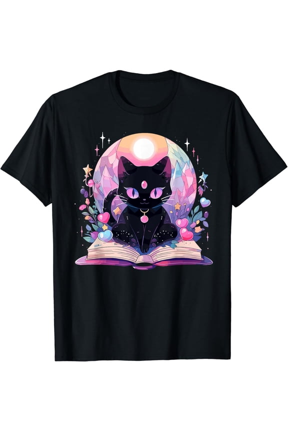 Book Lover Crystal Witchy Cute Black Cat Kawaii Pastel Goth T-Shirt All Size S-5XL