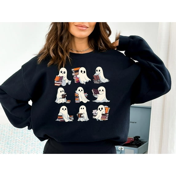Velto Bookworm Ghost Retro Librarian Teacher Holiday School Graphic Sweatshirt, Full size S-5XL