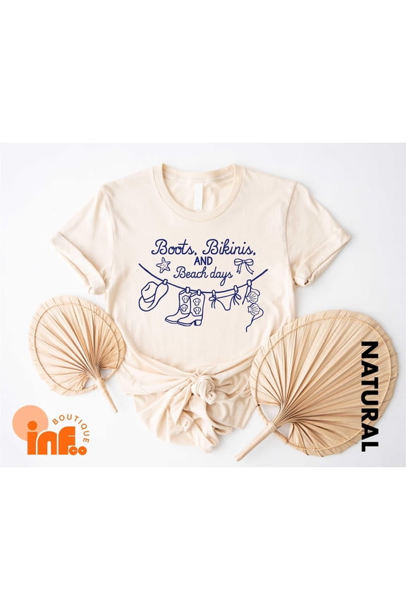 Boots Bikinis and Beach Days T-Shirt, Cowgirl Summer Tee, Seashell & Beach Lover Gift, Coastal Rodeo Cowgirl , Summer Bikinis Tee All Size S-5XL