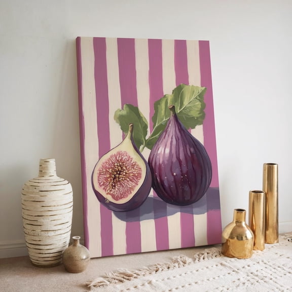 Velto Bright Fig Canvas Wall Art Colorful Purple Botanical Fruit Illustration Vibrant Kitchen Inspired Decorative Artwork, SIZE 8x12 INCLUDE Pine Wood Frame 1.25-Inch