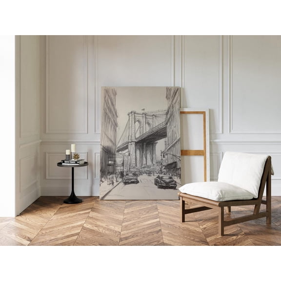 Velto Brooklyn Bridge Pen Drawing With Vintage Cars, New York City Urban Scene, Retro Architecture Ink Sketch, Nyc Canvas Wall Art Canvas, 12x18 0.75-Inch Pine Wood Frame