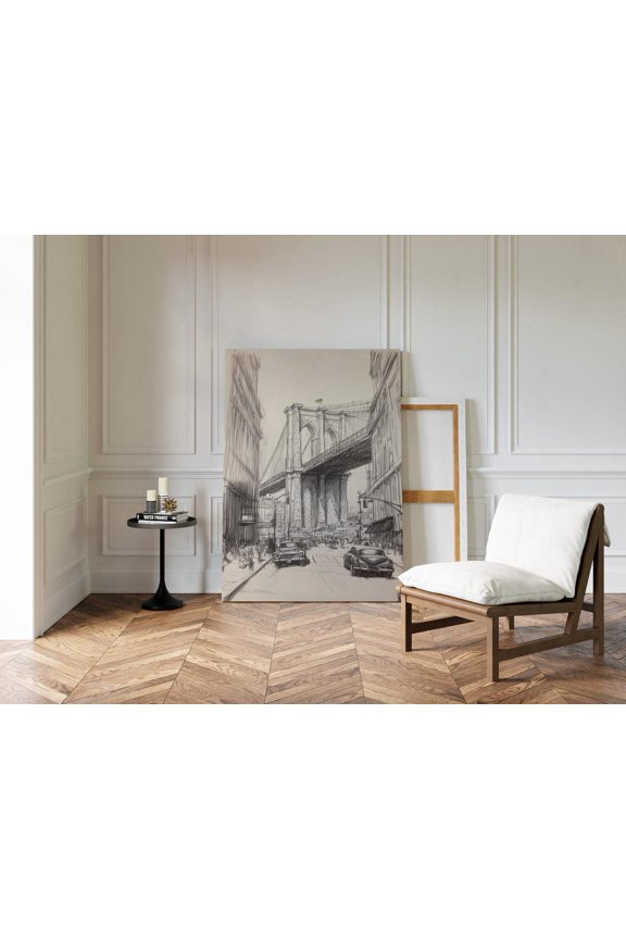Brooklyn Bridge Pen Drawing With Vintage Cars, New York City Urban Scene, Retro Architecture Ink Sketch, Nyc Canvas Wall Art Canvas, 12x18 0.75-Inch Pine Wood Frame